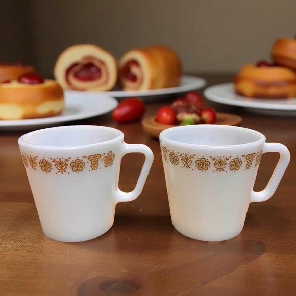 Pyrex Other - Vintage Pyrex Spring Blossom (Crazy Daisy) Milk Glass Mugs, Set of 2, Gold Flora